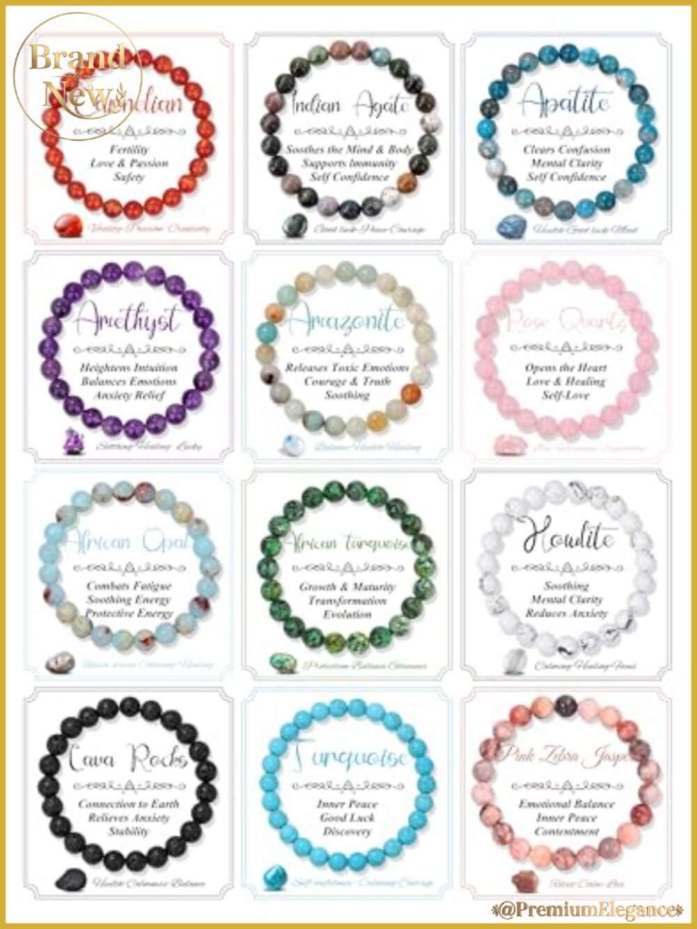 12pcs Natural Stone Beaded Crystal Bracelets Set Healing Stretch Elastic